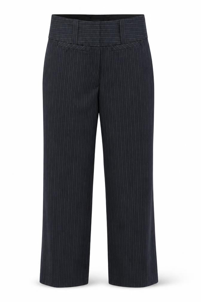Front view of Vero Moda men’s blue striped rayon dress pants trousers, size M, 30-inch leg