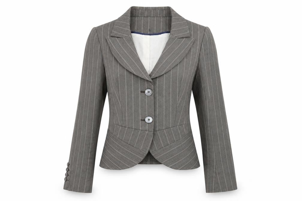 Front view of Next women’s beige striped jacket, size UK 12