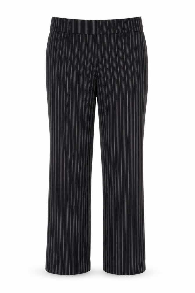Front view of La Redoute women’s black striped trousers, size UK 14, 32-inch leg