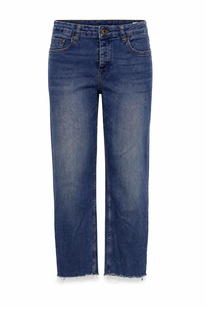 Front view of H&M women’s blue straight jeans, size UK 8, 27-inch leg