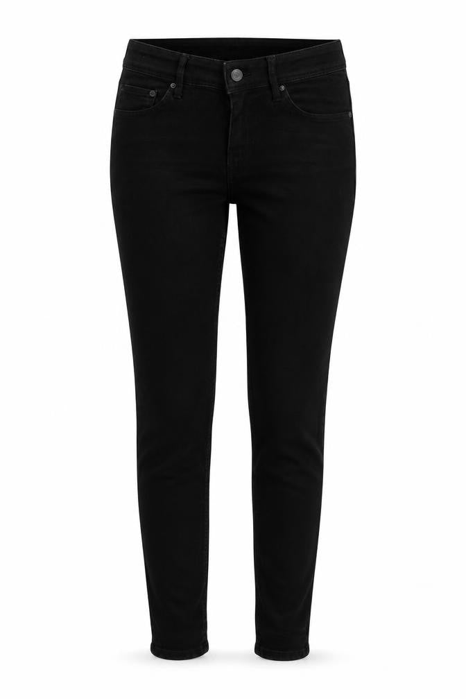 Front view of super sqin women’s black skinny jeans, size UK 27, in, 32-inch leg