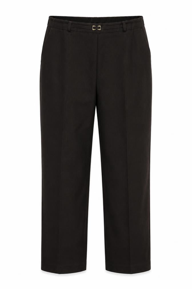 Front view of Marks & Spencer women’s brown houndstooth trousers, size UK 14, 25-inch leg - stretch waistband