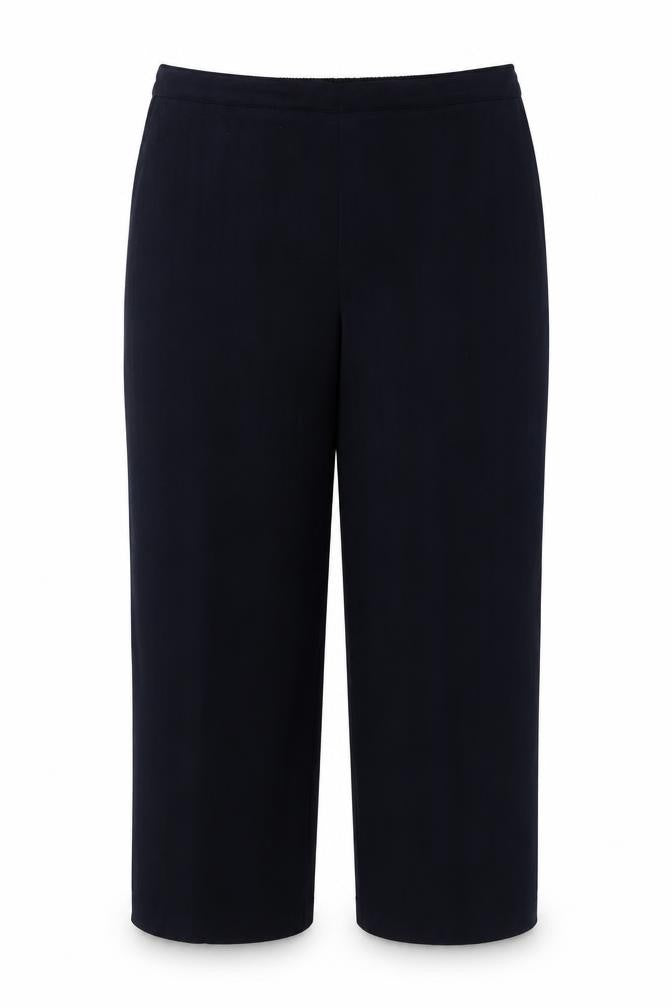 Front view of preworn women’s blue trousers, size UK 14, 26-inch leg - stretch waistband