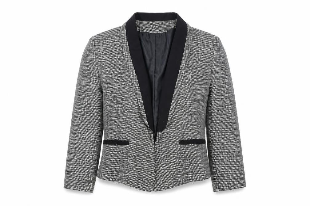 Front view of Miss Selfridge women’s black check jacket blazer, size UK 8