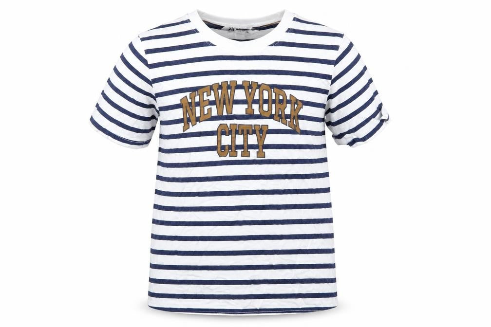 Front view of H&M girls’ blue striped basic t-shirt, size 9-10, years - new york city