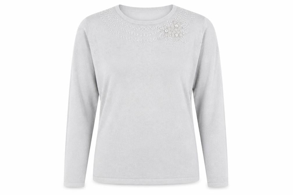 Front view of Bonmarché women’s grey knit jumper, size L