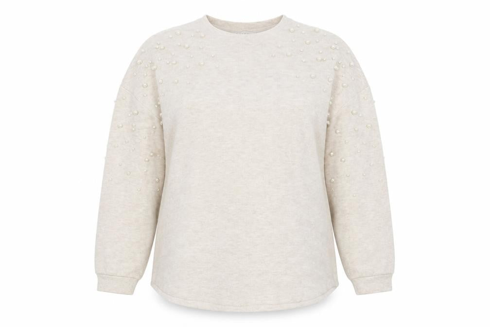 Front view of Papaya women’s beige jumper, size UK 18, - beaded detail