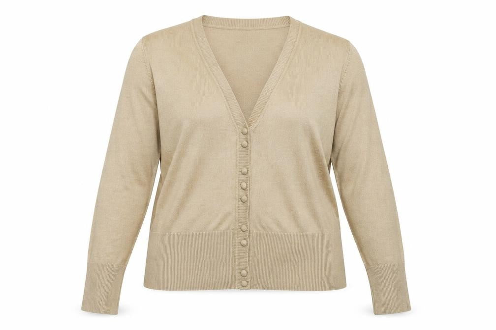 Front view of Soon women’s beige cardigan jumper, size UK 16
