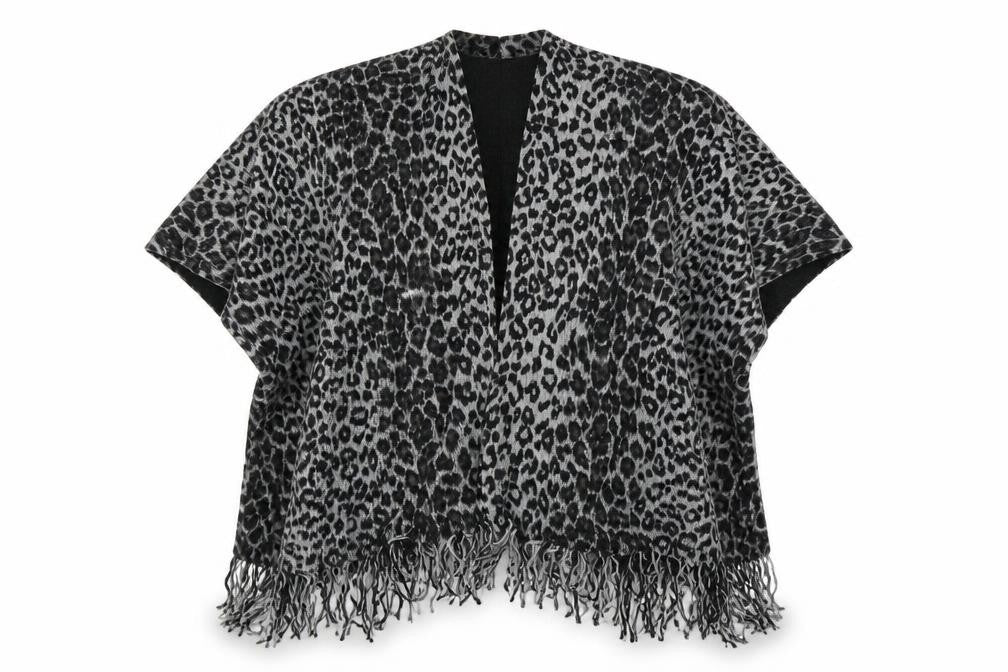 Front view of Preworn women’s black animal print cape jumper one size - fringe detail