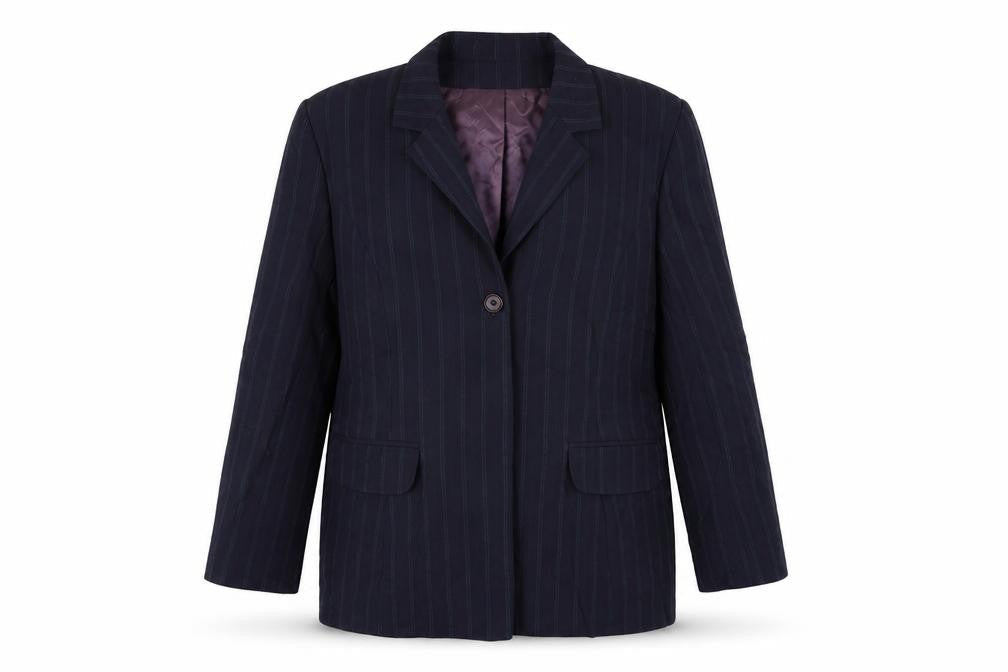 Front view of Coast women’s blue striped rayon jacket blazer, size UK 14