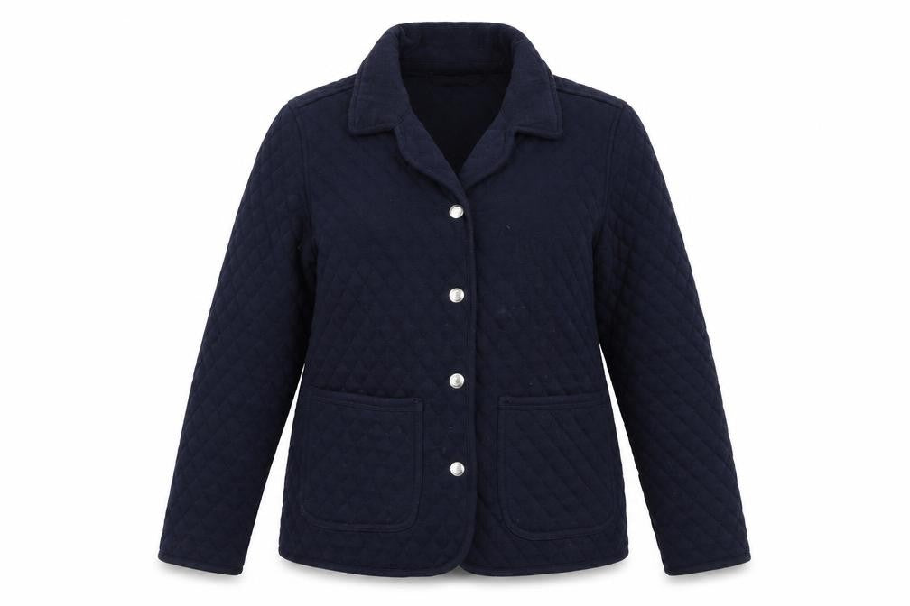 Front view of Bonmarché women’s blue quilted coat, size UK 16