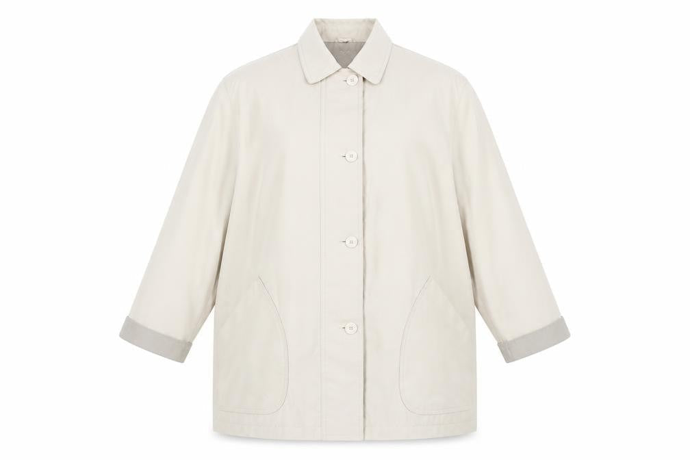 Front view of Bonmarché women’s beige overcoat coat, size UK 18