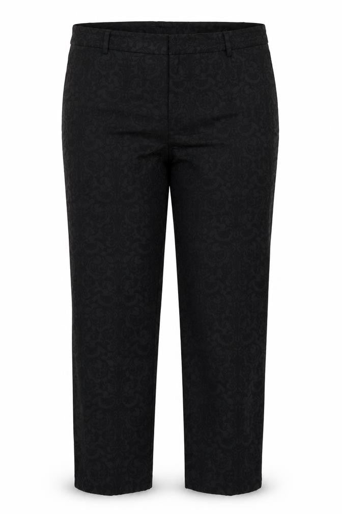 Front view of Marks & Spencer women’s black floral dress pants trousers, size UK 14, 26-inch leg