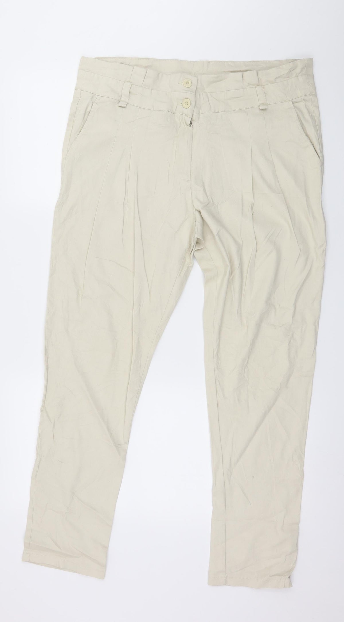 Additional front view of Flame women’s beige trousers, size UK 12, 28-inch leg