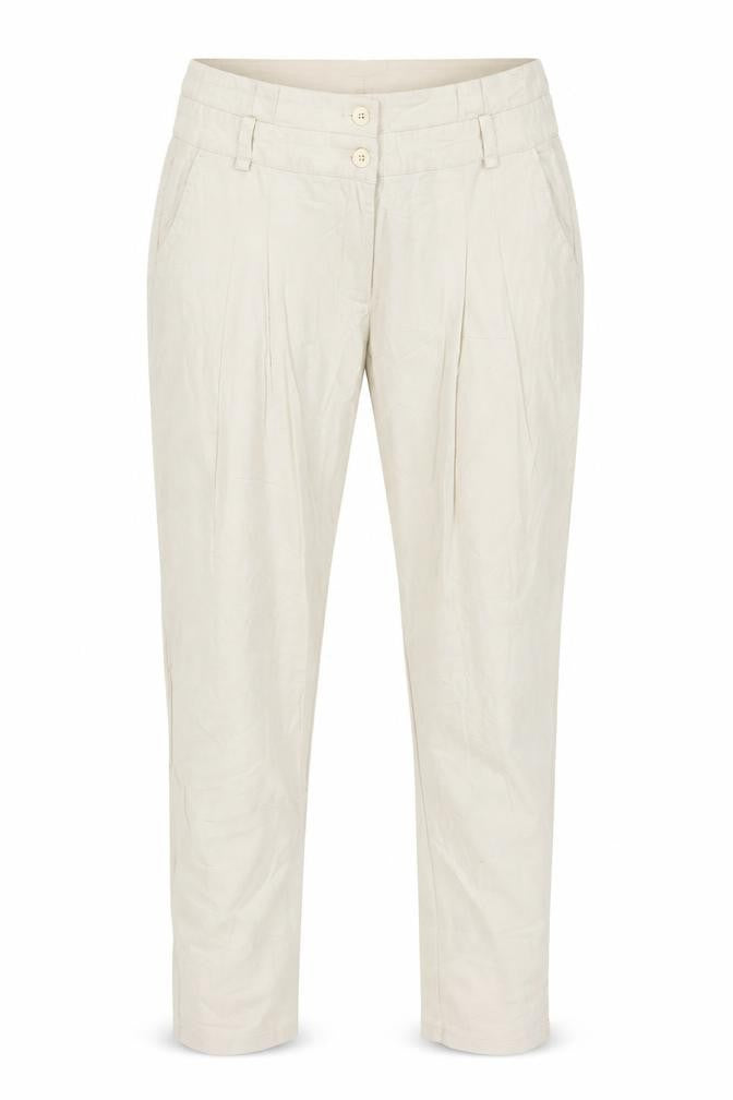 Front view of Flame women’s beige trousers, size UK 12, 28-inch leg