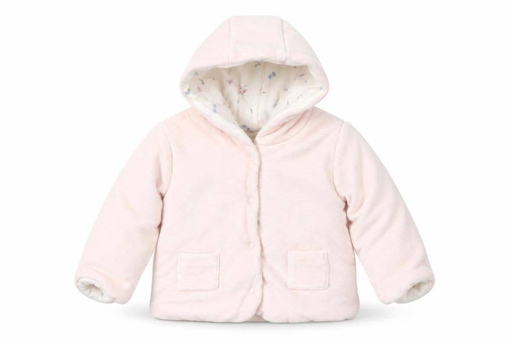 Front view of Marks & Spencer girls’ pink striped velour jacket, size 3-6, months