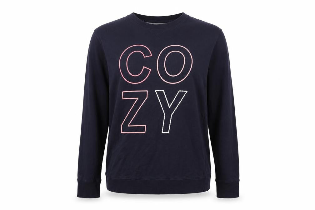 Front view of H&M women’s blue pullover sweatshirt, size M
