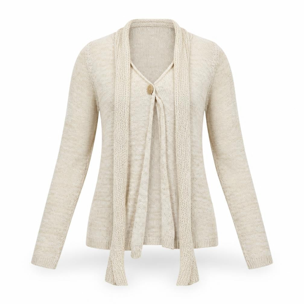 Front view of Marks & Spencer women’s beige knit cardigan jumper, size UK 14, - attached scarf