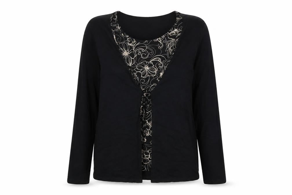 Front view of EWM women’s black pullover sweatshirt, size UK 14
