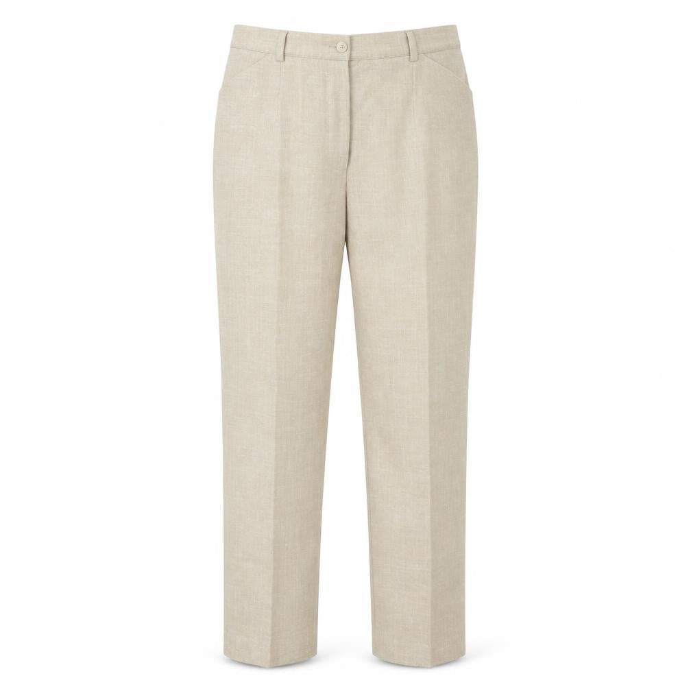 Front view of Kris Reutter women’s beige dress pants trousers, size UK 16, 30-inch leg