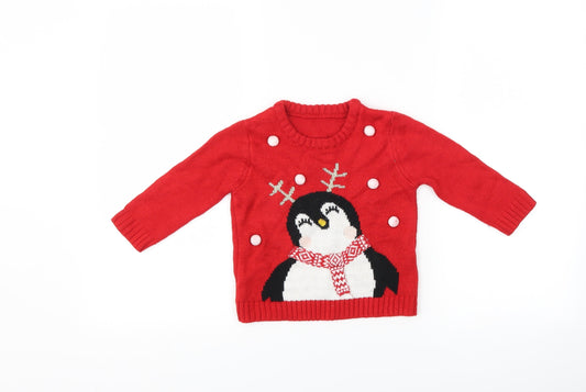 Matalan Girls Red   Pullover Jumper Size 12-18 Months  - penguin