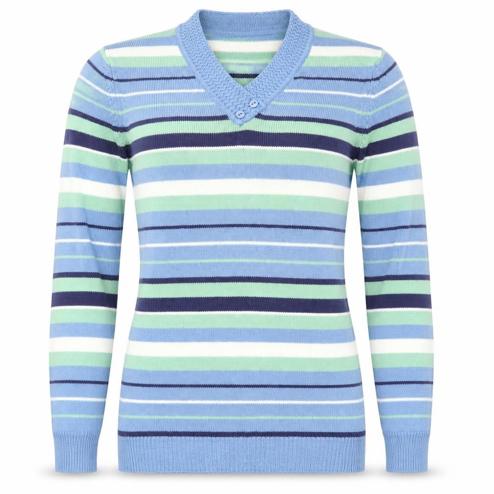 Front view of EWM women’s blue striped knit jumper, size S