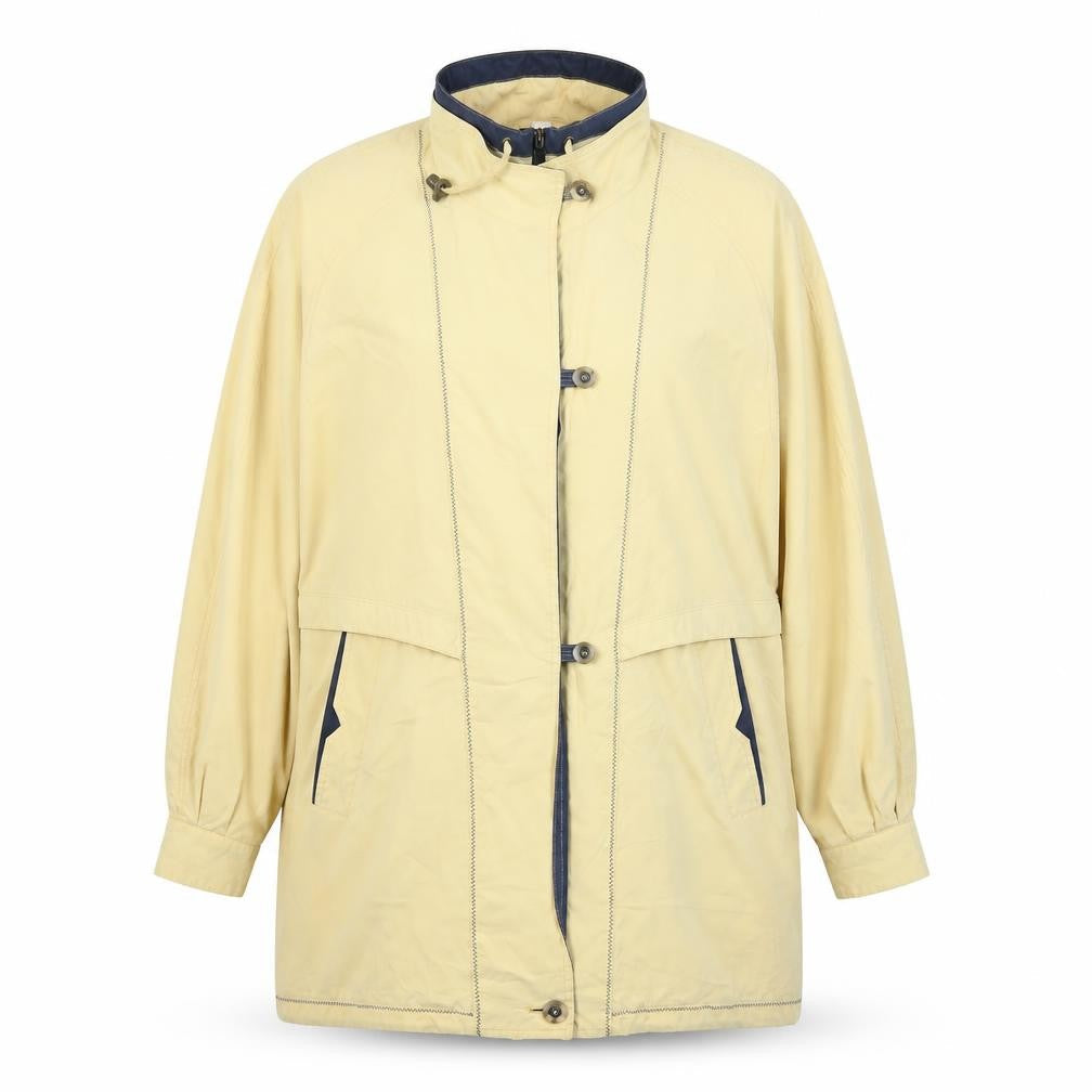 Front view of Astraka women’s yellow overcoat coat, size UK 14