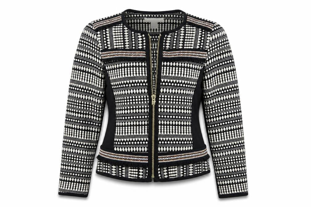 Front view of H&M women’s brown geometric jacket, size UK 8