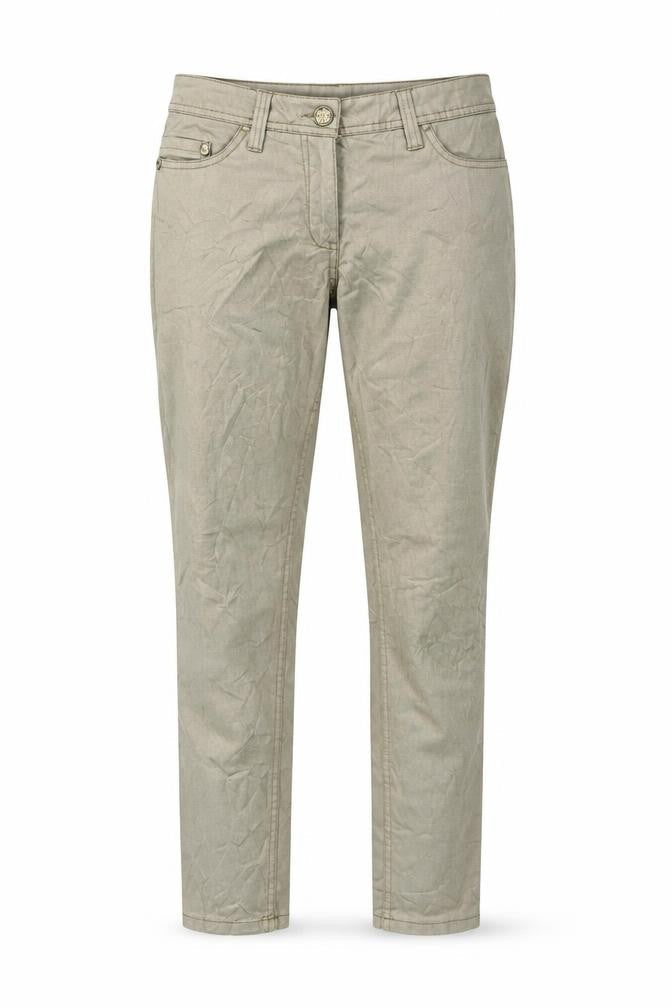 Front view of UpFashion women’s green trousers, size UK 8, 30-inch leg - shiny metallic
