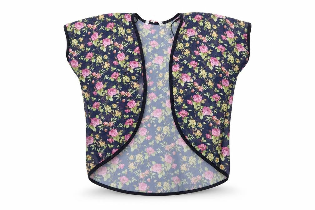 Front view of Miss Evie girls’ blue floral cardigan jumper, size 7-8, years - shrug