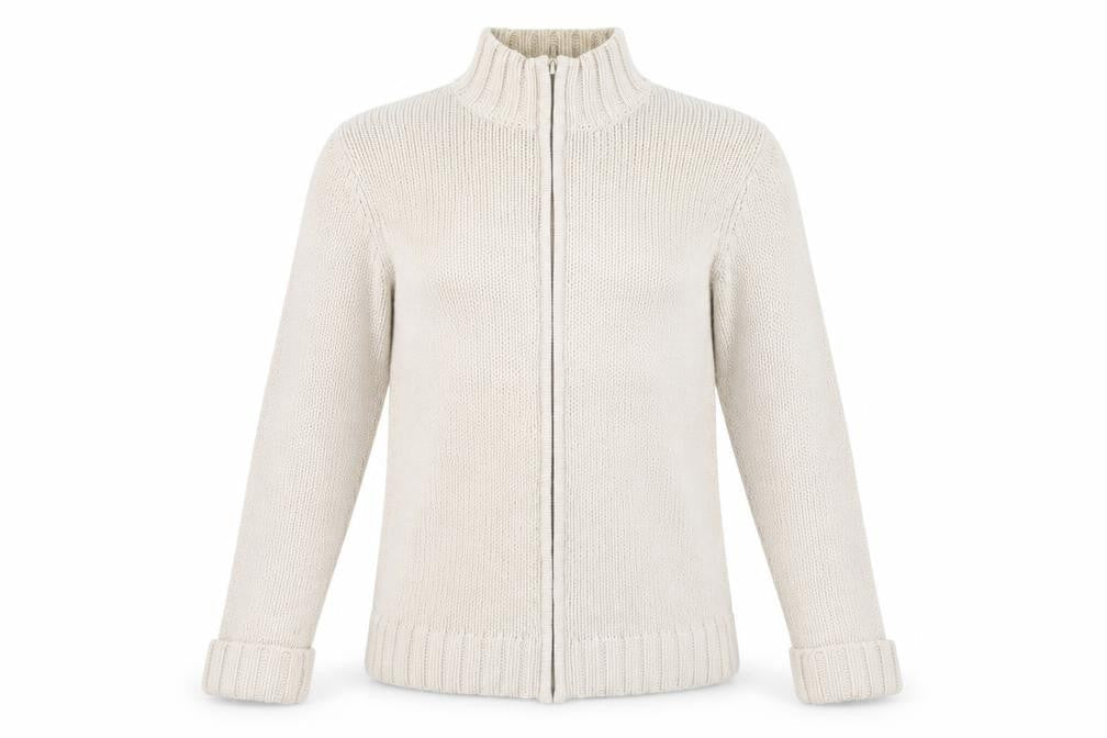 Front view of Essentials women’s beige full zip jumper, size UK 14