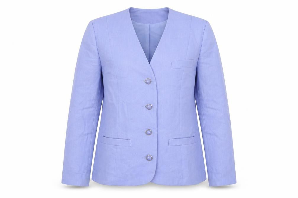 Front view of Preworn women’s purple jacket coat, size UK 12