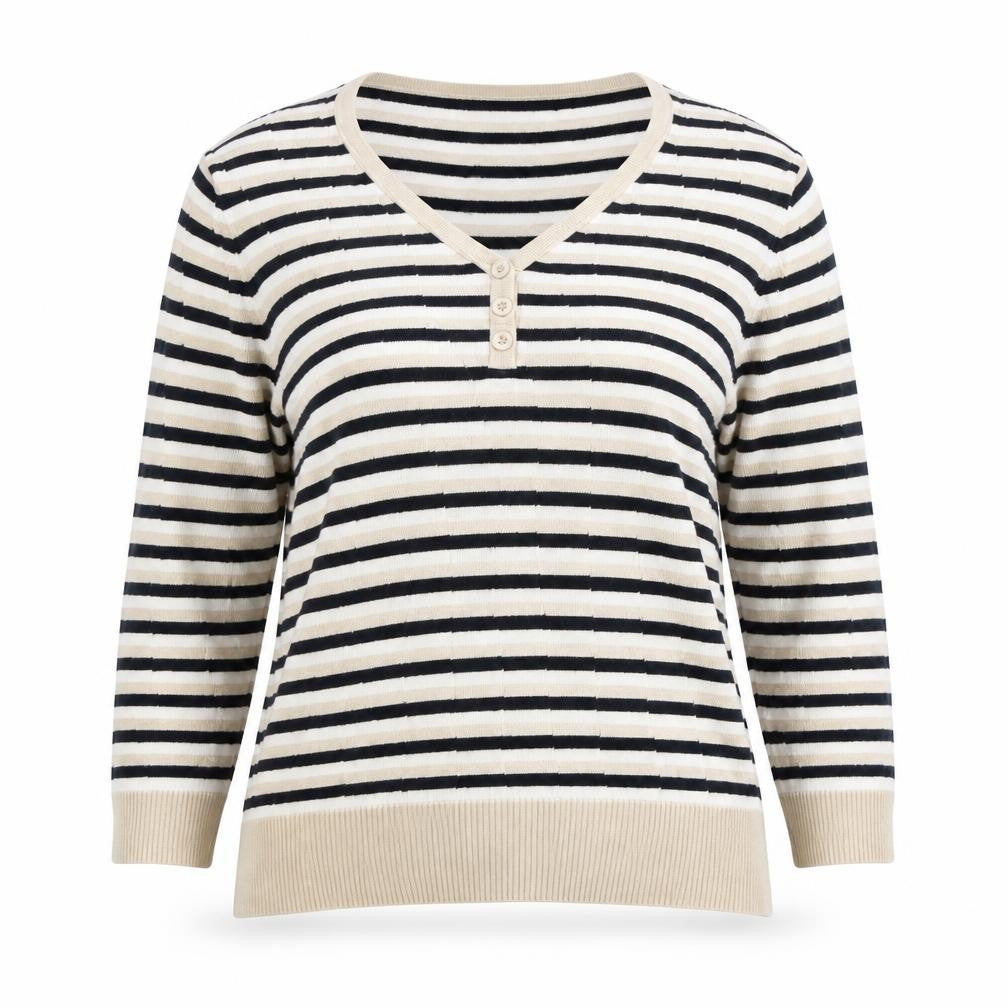 Front view of Country Casuals women’s beige striped jumper, size M