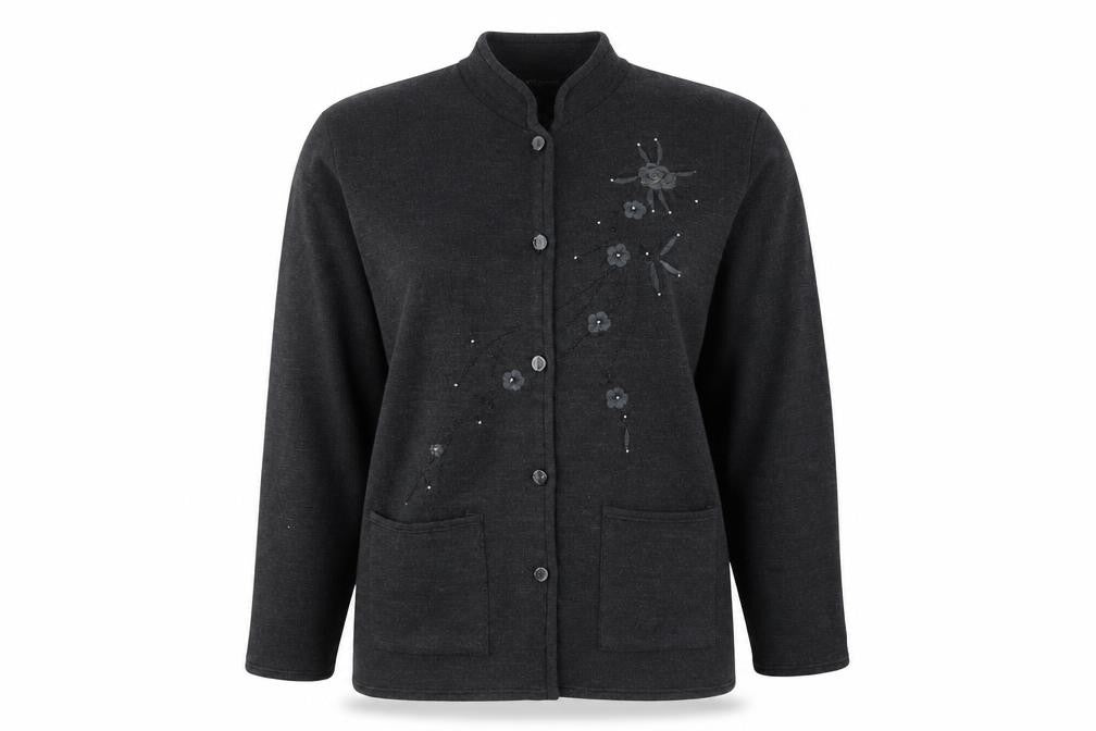 Front view of KAFTEY FASHION women’s grey floral cardigan jumper, size L, - embroidered flower an beading detail