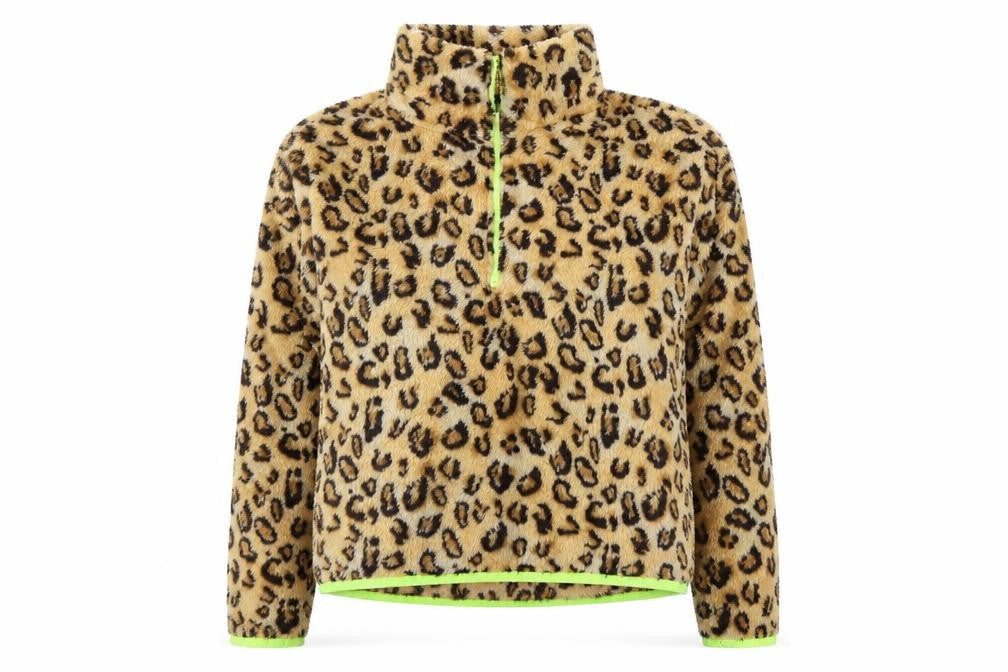 Front view of RBX girls’ brown animal print jumper, size L, - yellow edging sleeves an zip