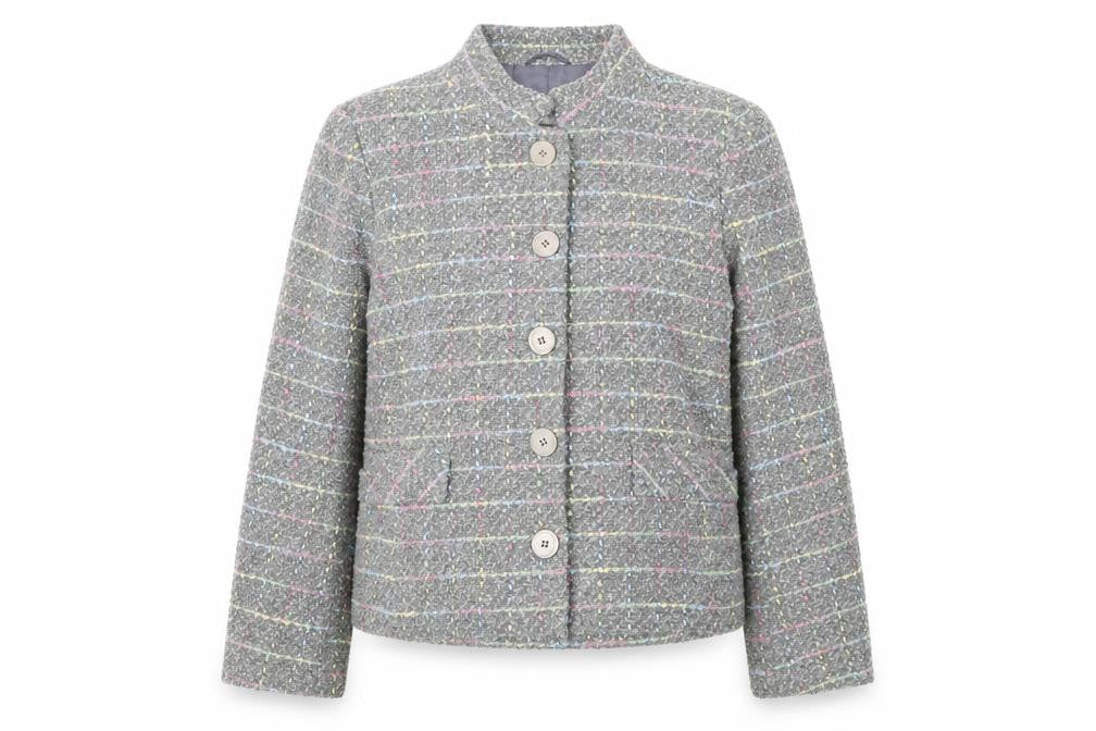 Front view of UNDER WRAPS women’s multicoloured geometric jacket, size UK 16, - pocket details on front