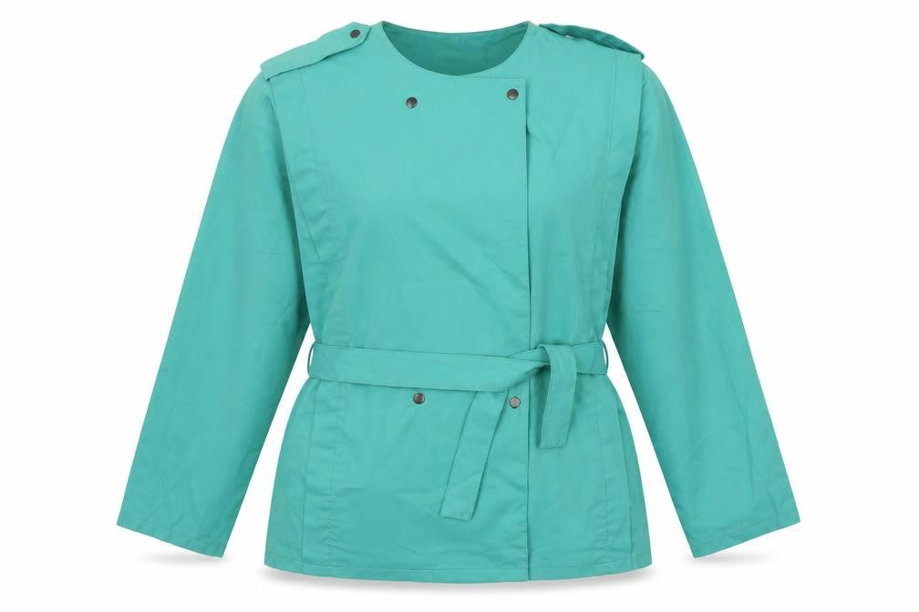 Front view of Roma women’s green jacket, size UK 12, - belt attached