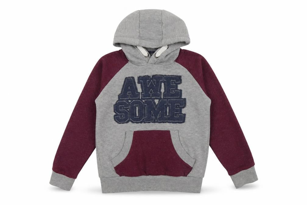 Front view of Rebel boys’ grey colourblock henley hoodie, size 10, years - embroidered logo on front