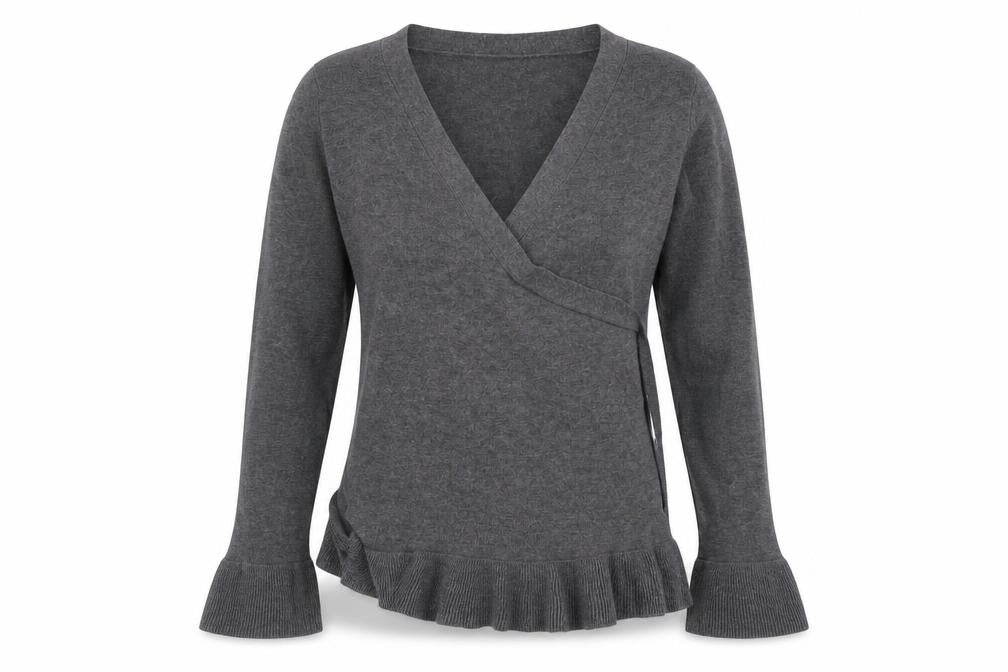 Front view of JoJo Maman Bébé women’s grey wrap t-shirt, size S