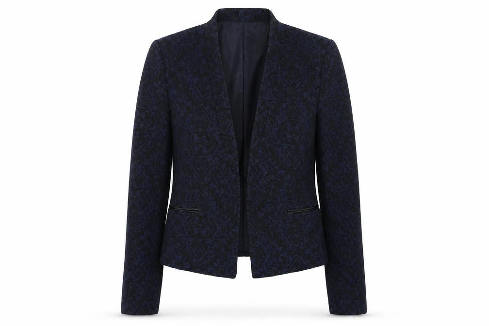 Front view of Mango collection women’s blue gilet blazer, size M