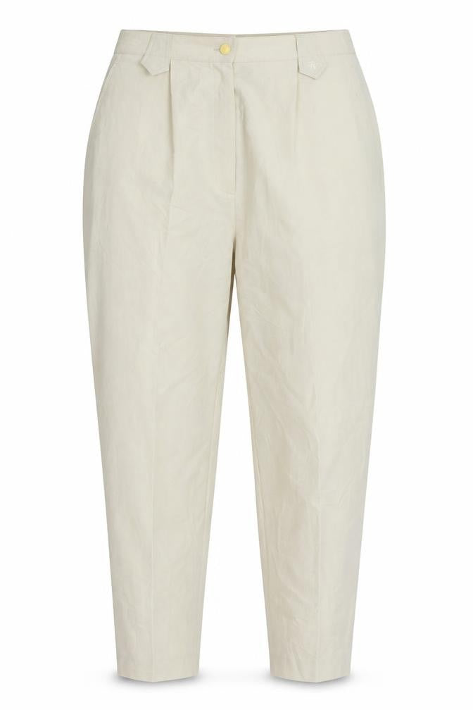 Front view of Ted Nicol women’s beige cargo trousers, size UK 38, in, 28-inch leg