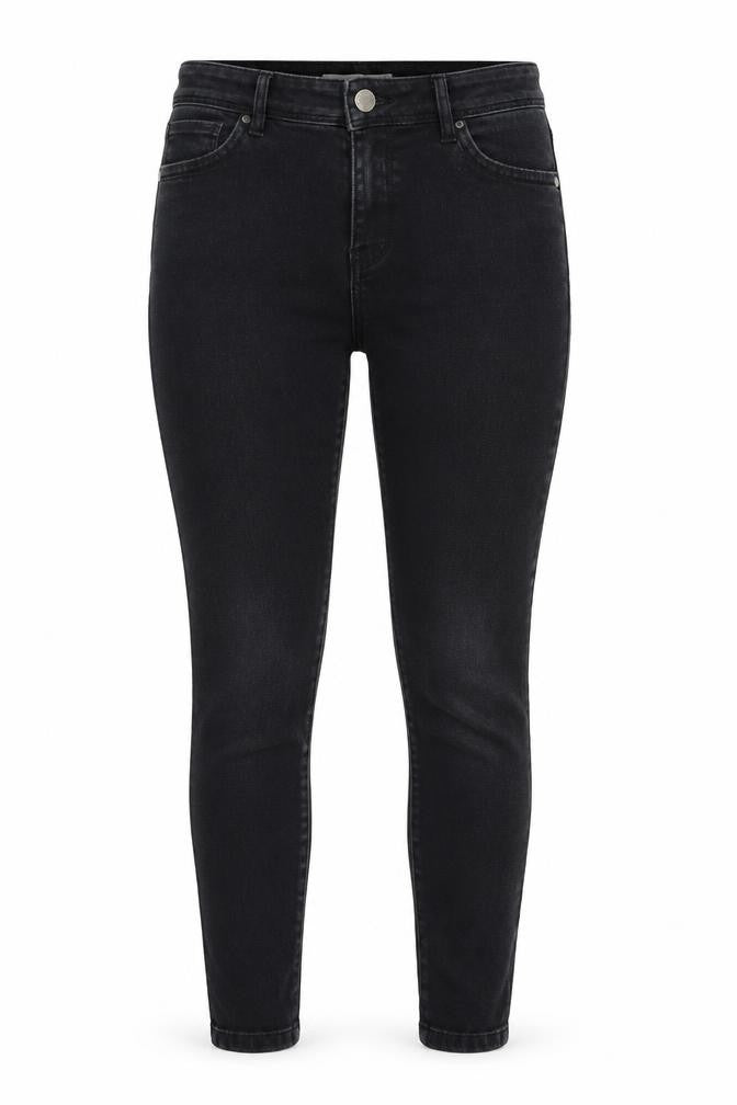 Front view of Denim & Co. women’s black denim skinny jeans, size UK 8, 24-inch leg