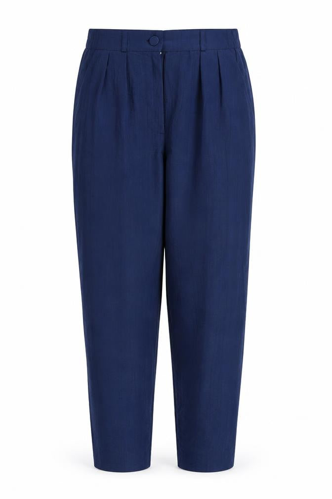 Front view of Jean Claire women’s blue dress pants trousers, size UK 12, 26-inch leg