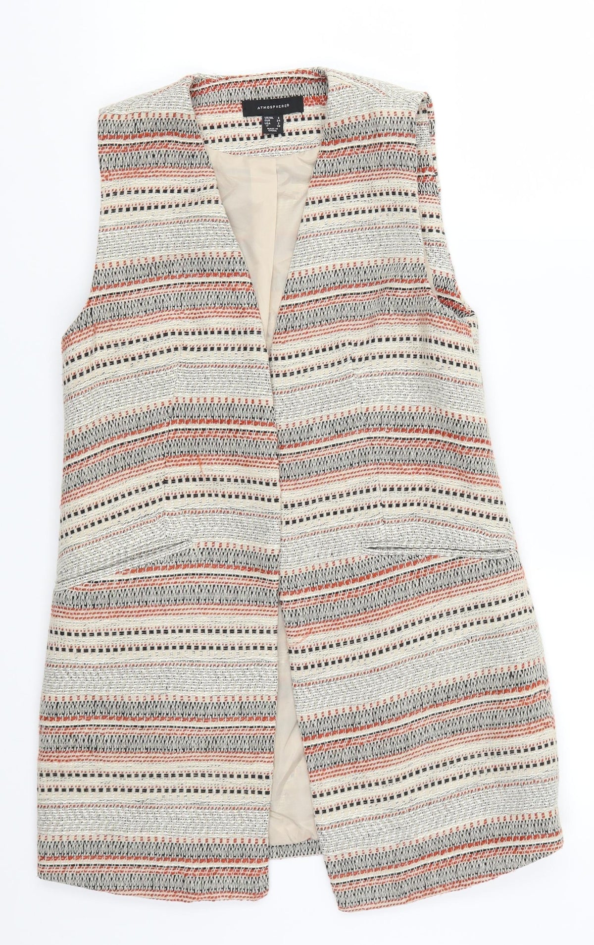 Additional front view of Atmosphere women’s beige geometric gilet jacket, size UK 6, - red
