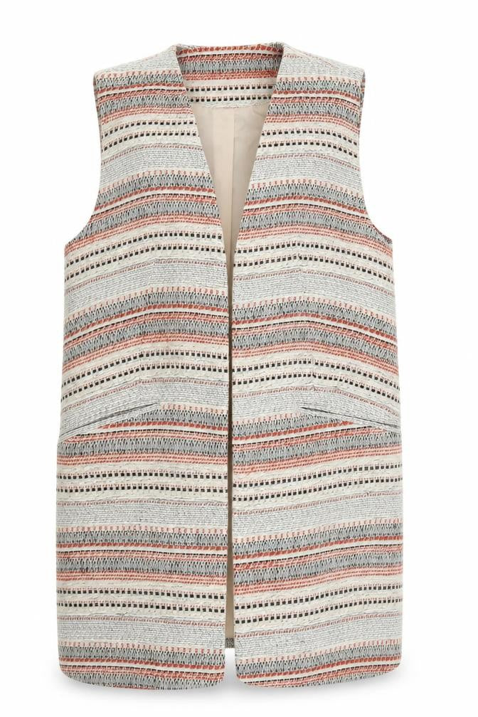 Front view of Atmosphere women’s beige geometric gilet jacket, size UK 6, - red