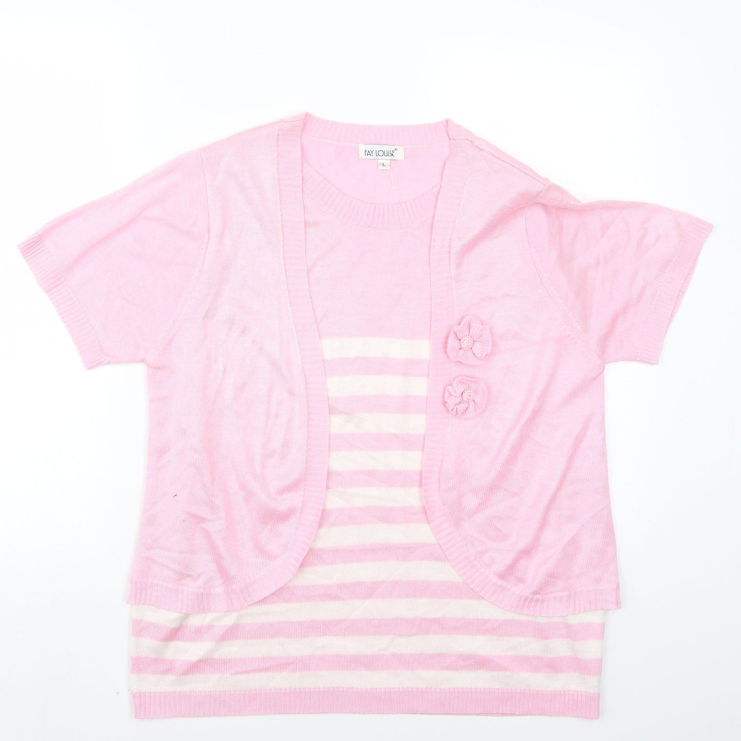 Fay Louise Womens Pink Striped  Basic T-Shirt Size L