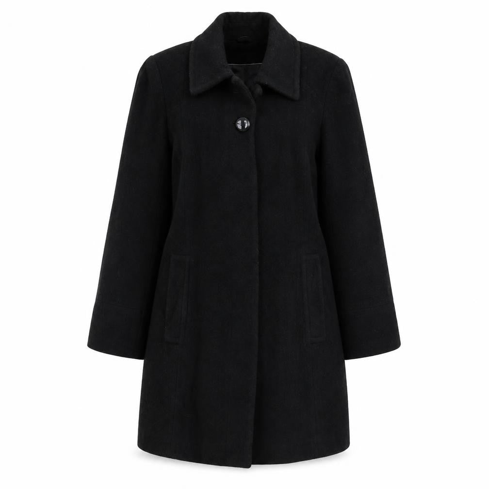 Front view of BHS women’s black overcoat coat, size UK 14