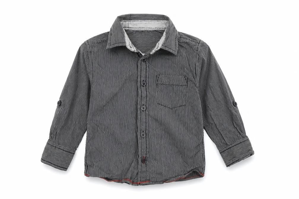 Front view of Urban Rascals boys’ grey striped basic button-up, size 2-3, years