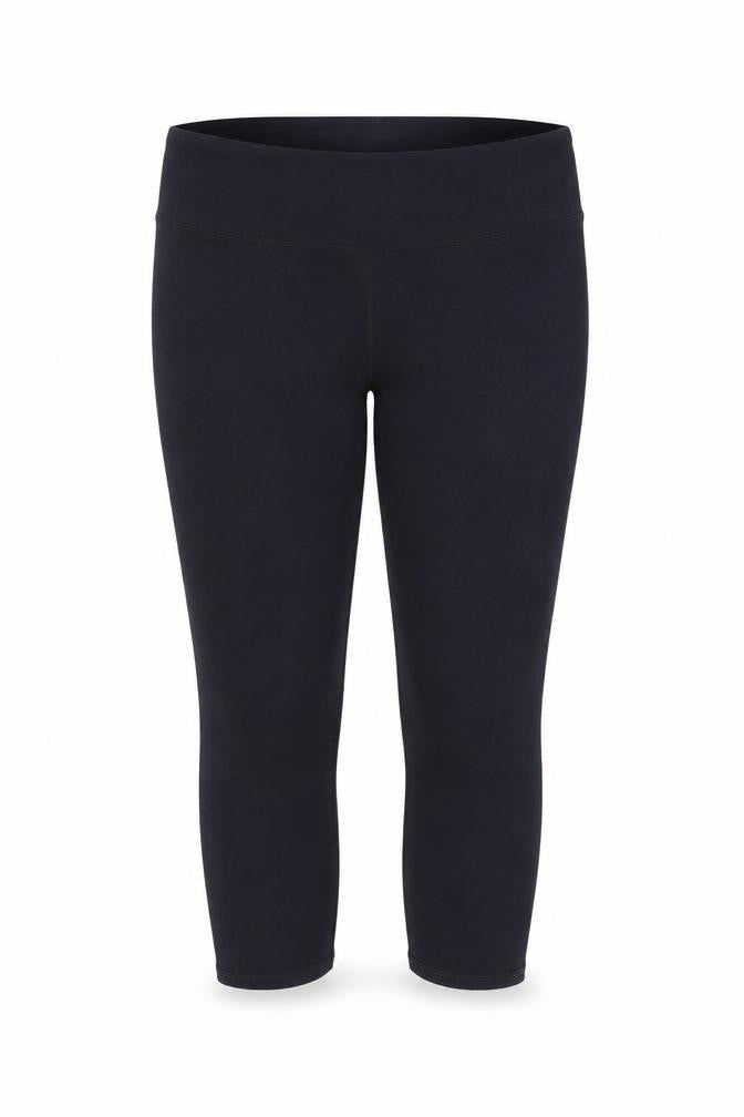 Front view of Preworn women’s black cropped leggings, 19-inch leg