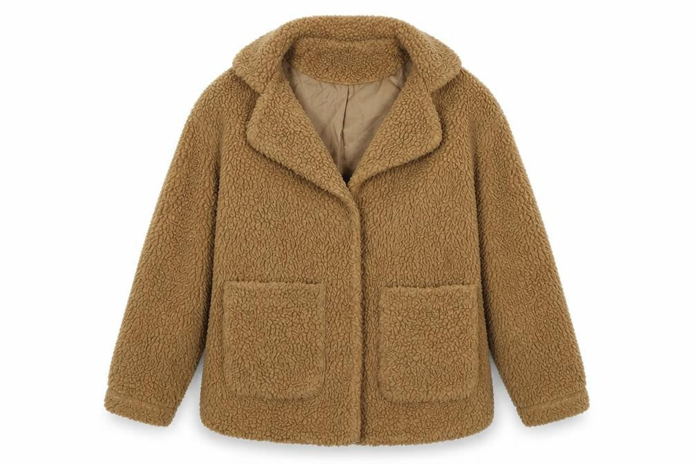 Front view of Brave Soul women’s beige fleece jacket, size UK 10